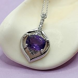 Natural Amethyst 8x6mm & Cz 925 Sterling Silver Necklace‎ 18in